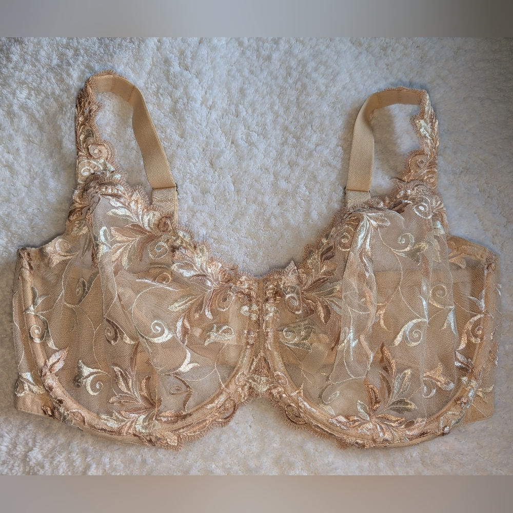 SOMA Sheer Lacy Floral Embroidered Beige Underwire Bra 38DDD Adjustable
